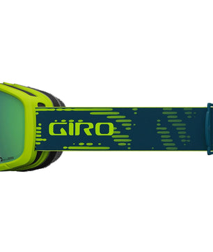 Die Giro Ringo Skibrille - grün von Giro hat grüne ZEISS VIVID Gläser, ein blau-grünes Design mit gemustertem Band, perfekt zum Skifahren und Snowboarden, von der Seite betrachtet.