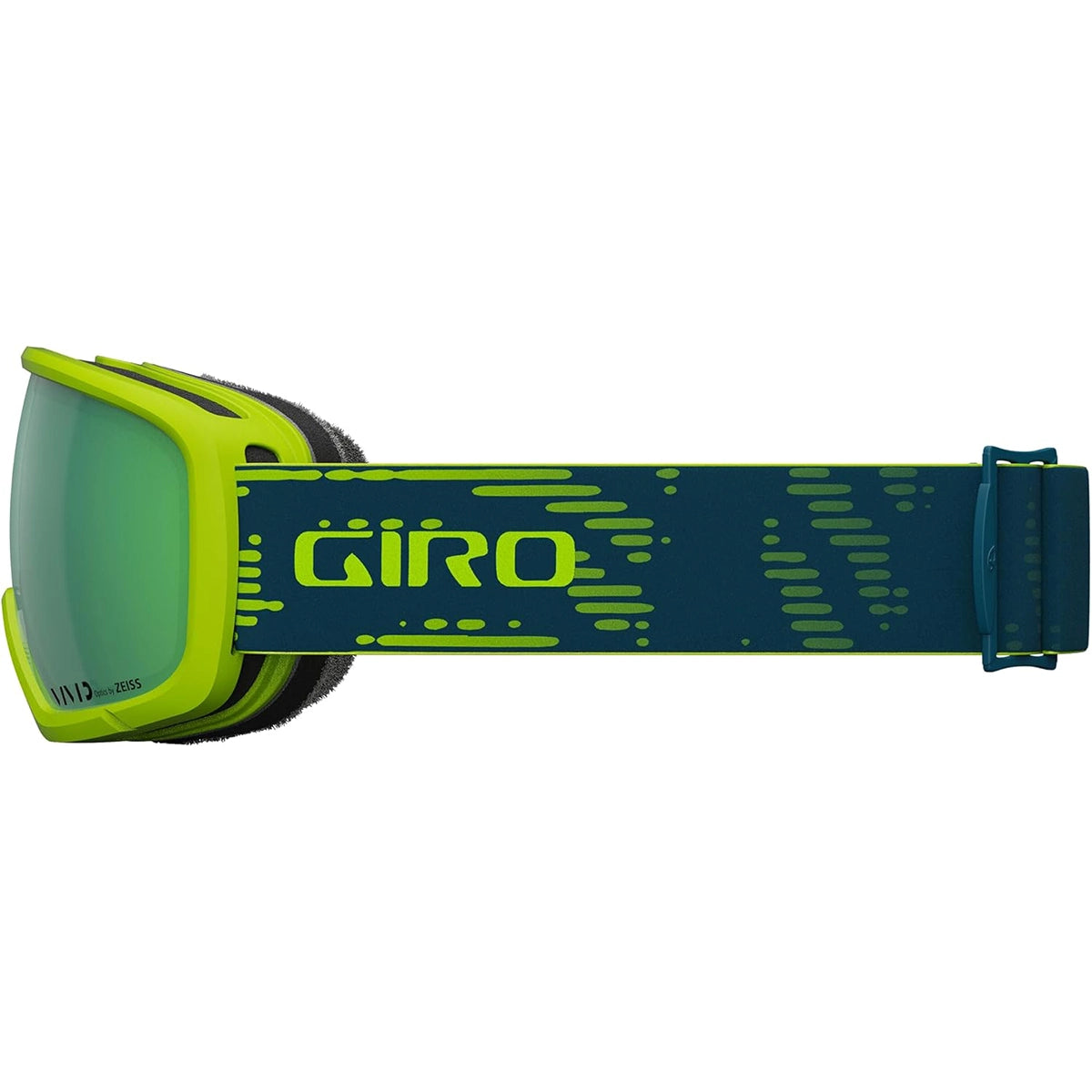 Die Giro Ringo Skibrille - grün von Giro hat grüne ZEISS VIVID Gläser, ein blau-grünes Design mit gemustertem Band, perfekt zum Skifahren und Snowboarden, von der Seite betrachtet.