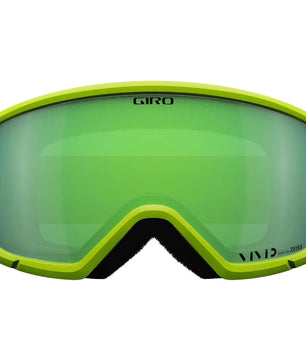Die Giro Ringo Skibrille in grün von Giro, ideal für Ski und Snowboard, verfügt über reflektierende ZEISS VIVID-Gläser und ist mit dem VIVID by ZEISS Label in der unteren Ecke gekennzeichnet.
