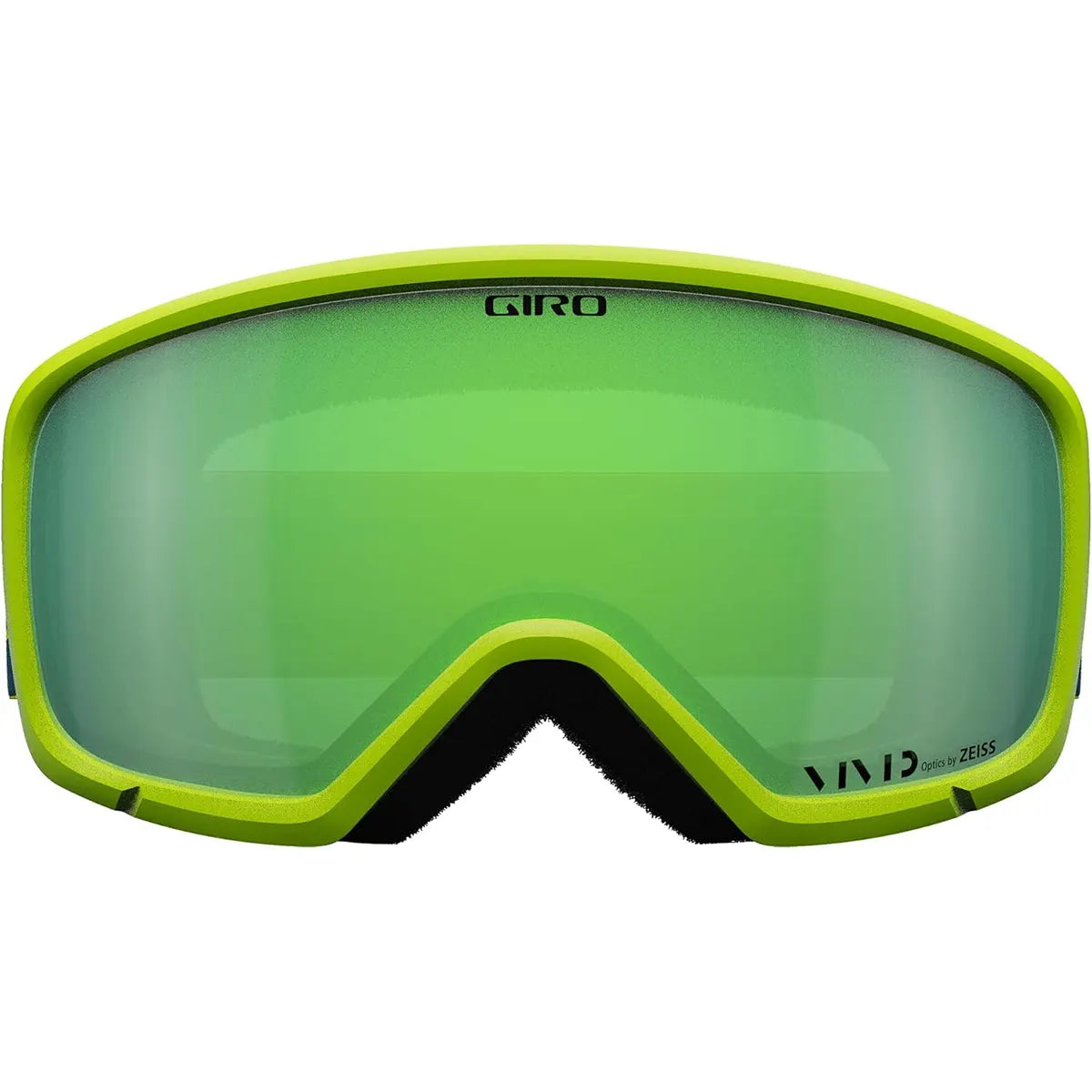 Die Giro Ringo Skibrille in grün von Giro, ideal für Ski und Snowboard, verfügt über reflektierende ZEISS VIVID-Gläser und ist mit dem VIVID by ZEISS Label in der unteren Ecke gekennzeichnet.