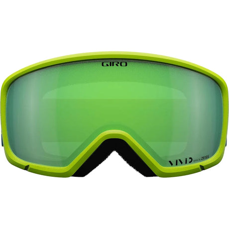 Die Giro Ringo Skibrille in grün von Giro, ideal für Ski und Snowboard, verfügt über reflektierende ZEISS VIVID-Gläser und ist mit dem VIVID by ZEISS Label in der unteren Ecke gekennzeichnet.