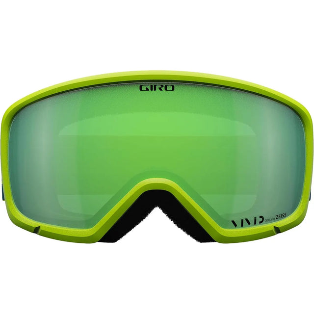 Die Giro Ringo Skibrille in grün von Giro, ideal für Ski und Snowboard, verfügt über reflektierende ZEISS VIVID-Gläser und ist mit dem VIVID by ZEISS Label in der unteren Ecke gekennzeichnet.