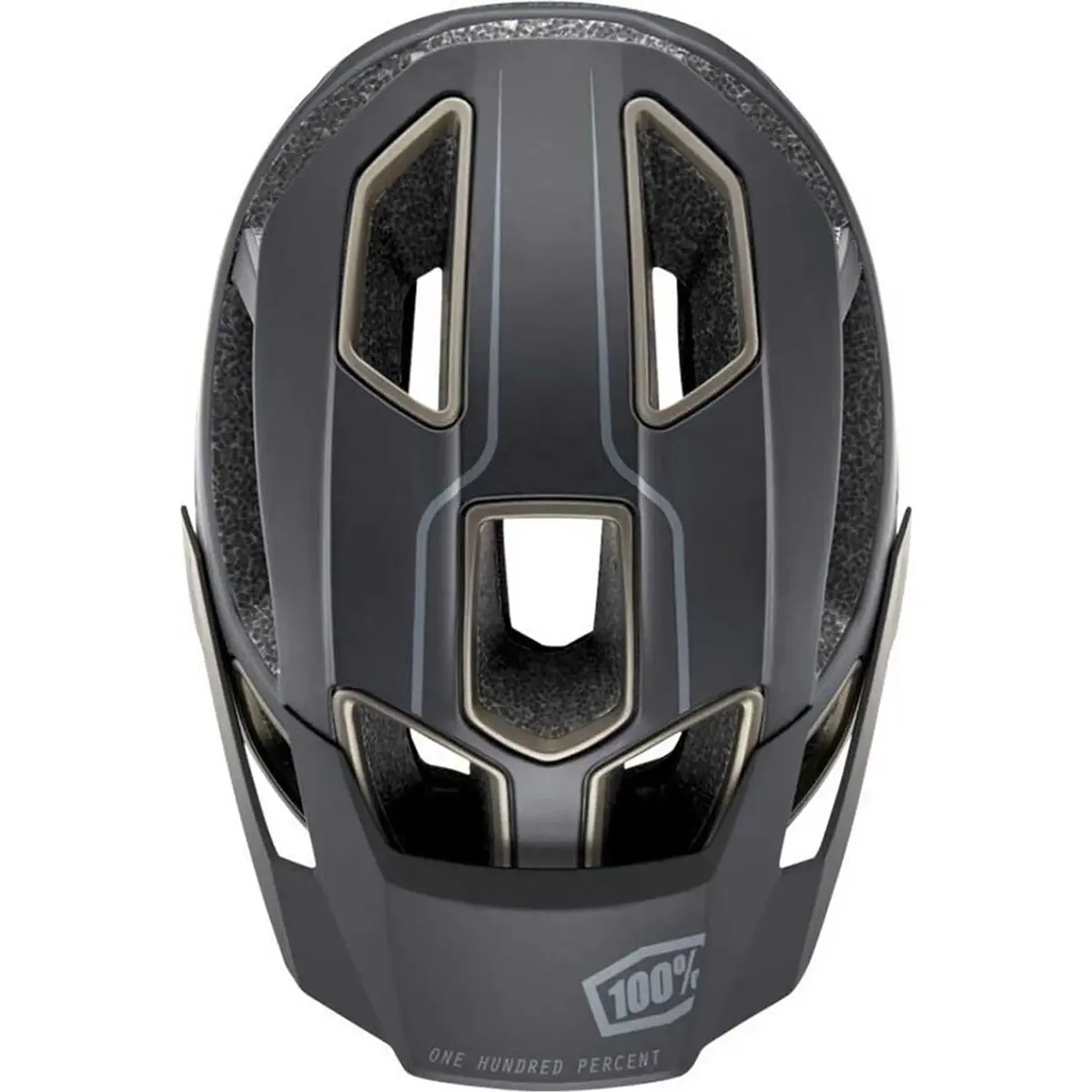 Draufsicht auf den 100% Altec Fidlock Radhelm in Schwarz (Größe S-M) mit mehreren Belüftungsöffnungen, 100% Branding auf der Vorderseite und einem sicheren Fidlock-Magnetverschluss.