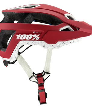 Der 100% Altec Fidlock Radhelm in XS, rot, verfügt über das 100%-Logo an der Seite, einen Kinnriemen mit Fidlock-Magnetverschluss zur einfachen Befestigung und einen integrierten Verdrehschutz für zusätzliche Sicherheit. Hier in rot-weißer Seitenansicht abgebildet.