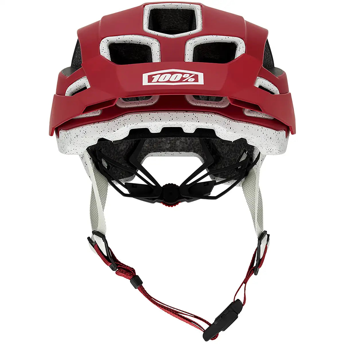 Der 100% Altec Fidlock Radhelm in XS, rot, verfügt über Belüftungslöcher, Kinnriemen, einen Fidlock-Magnetverschluss und das 100% Logo auf der Vorderseite.