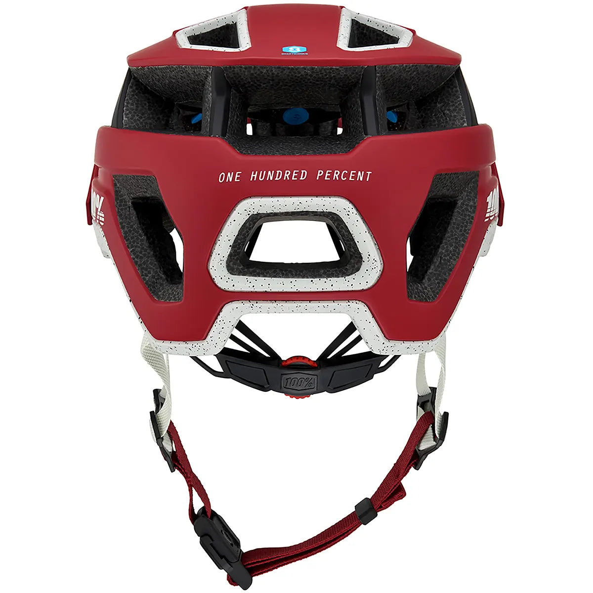Rückansicht des 100% Altec Fidlock Radhelms in rot (XS), mit weißen Akzenten, dem charakteristischen 100% Branding und einem Fidlock Magnetverschluss auf der Rückseite.