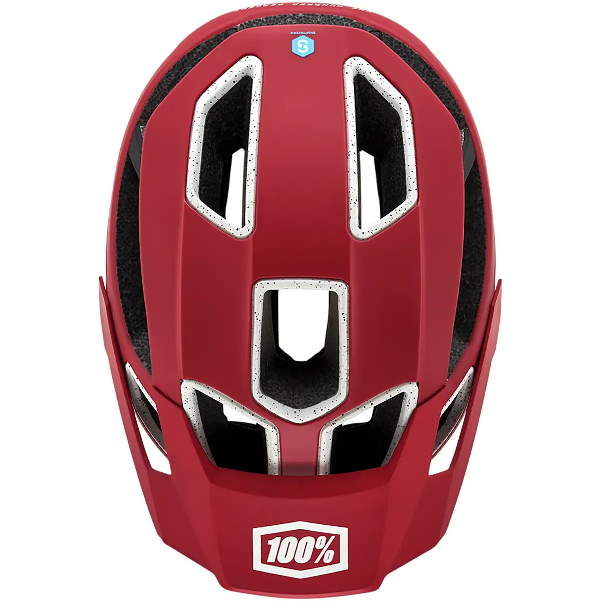 Der 100% Altec Fidlock Radhelm in XS (rot) von 100% verfügt über schwarz/weiße Akzente, große Belüftungsöffnungen, Rotationsschutzsystem und einen einfach zu bedienenden Fidlock-Magnetverschluss für mehr Sicherheit und Komfort. Das 100%-Logo befindet sich auf der unteren Vorderseite.