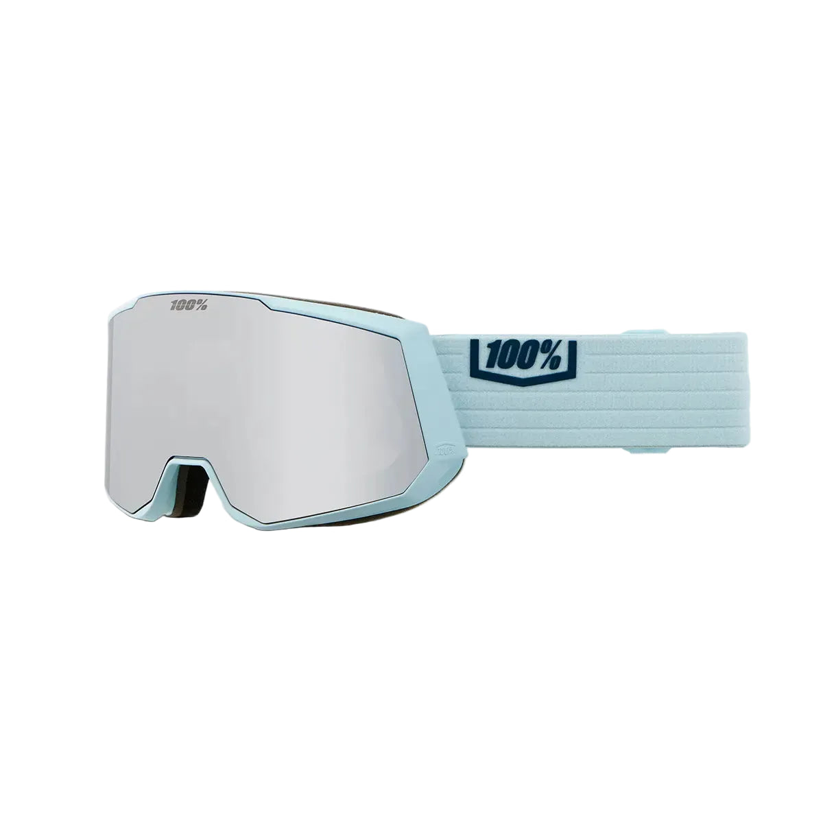 100% Snowcraft XL Skibrille in Blau mit verspiegelten Gläsern, HiPER Kontrast-Technologie und breitem Band mit 100% Logo für UltraHD optische Klarheit.