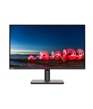 Ein Lenovo Thinkvision T27h-30, ein 27-Zoll-WQHD-Monitor in Schwarz von Lenovo, zeigt auf seinem IPS-Panel eine Nachtlandschaft mit roten Lichtspuren.