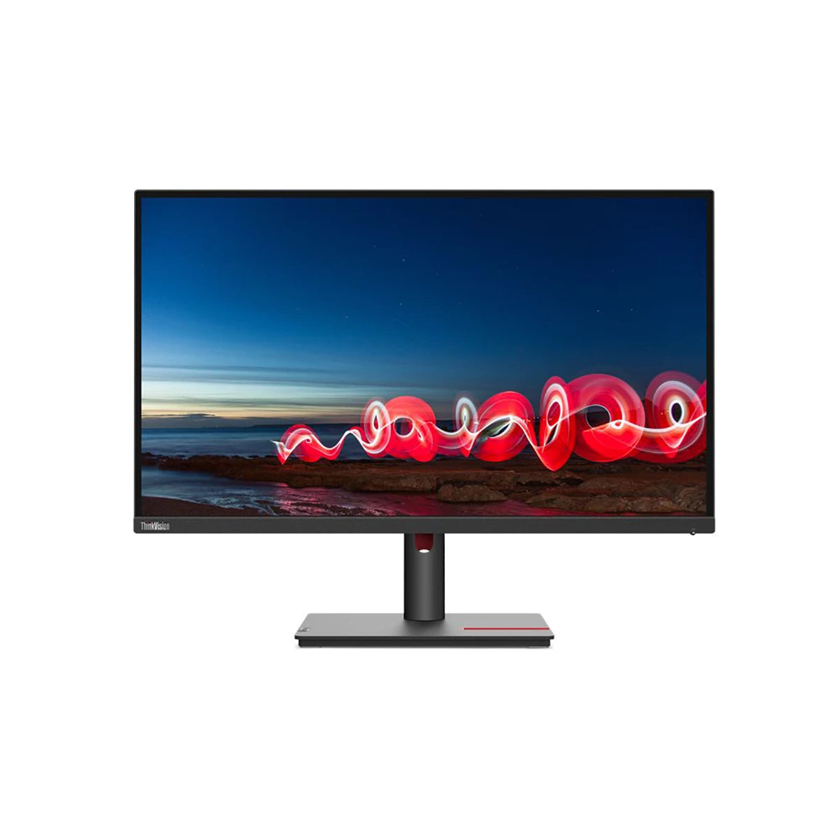 Ein Lenovo Thinkvision T27h-30, ein 27-Zoll-WQHD-Monitor in Schwarz von Lenovo, zeigt auf seinem IPS-Panel eine Nachtlandschaft mit roten Lichtspuren.