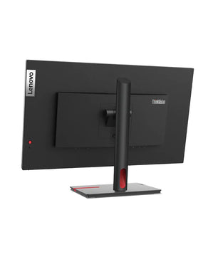 Rückansicht des Lenovo ThinkVision T27h-30, eines 27-Zoll-WQHD-Monitors in Schwarz mit IPS-Panel, rechteckigem Standfuß, schlankem schwarzem Design und USB-C-Anschluss.