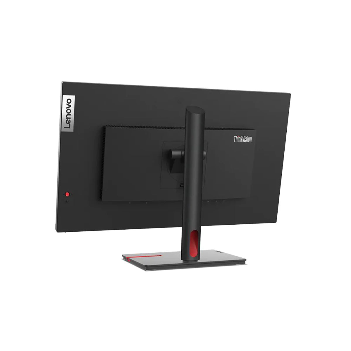 Rückansicht des Lenovo ThinkVision T27h-30, eines 27-Zoll-WQHD-Monitors in Schwarz mit IPS-Panel, rechteckigem Standfuß, schlankem schwarzem Design und USB-C-Anschluss.