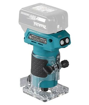 Die Makita DRT52Z LXT 18-V-Akku-Kantenfräse in Blau ist eine kompakte Akku-Kantenfräse mit transparentem Sockel; Akku nicht im Lieferumfang enthalten.