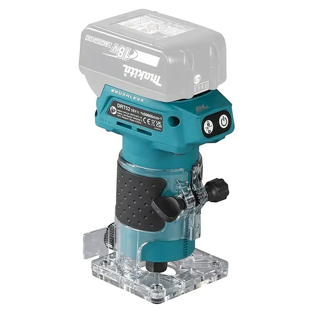 Die Makita DRT52Z LXT 18-V-Akku-Kantenfräse in Blau ist eine kompakte Akku-Kantenfräse mit transparentem Sockel; Akku nicht im Lieferumfang enthalten.
