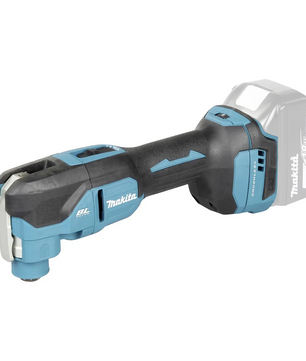 Blaues Makita DTM53 Akku-Multifunktionswerkzeug von Makita mit sichtbarem 18-V-Akku-Einschub (Akku nicht im Lieferumfang enthalten); ideal für den Einsatz in Innenräumen.