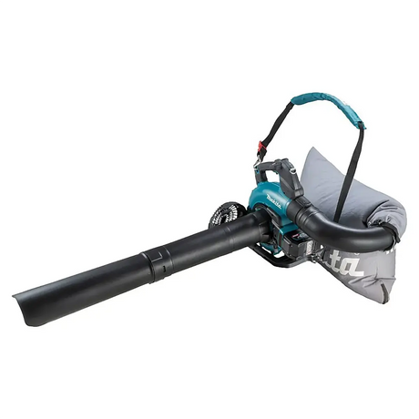 Das Makita UB003GZ XGT 40V max. Akku-Gebläse in Blau mit bürstenlosem Motor, Vakuumfunktion, Fangsack und Schultergurt ist auf weißem Hintergrund abgebildet.