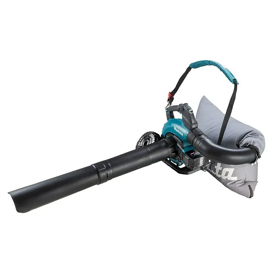 Das Makita UB003GZ XGT 40V max. Akku-Gebläse in Blau mit bürstenlosem Motor, Vakuumfunktion, Fangsack und Schultergurt ist auf weißem Hintergrund abgebildet.