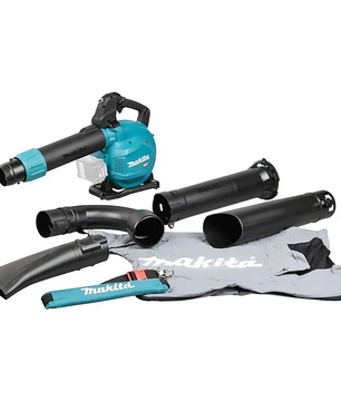 Makita UB003GZ XGT 40V max. Akku-Gebläse in Blau mit bürstenlosem Motor, verschiedenen schwarzen Aufsätzen, Schultergurt und Fangsack.