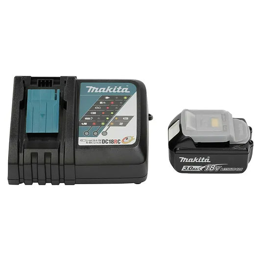 Das Makita LXT 18V Starterkit Power Source-Kit – schwarz von Makita wird nebeneinander auf weißem Hintergrund abgebildet.