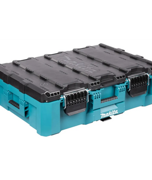 Die Makita P-91017 MAKTRAK Werkzeugbox L in blau von Makita verfügt über sichere Verschlüsse und Griffe, ideal für die Organisation von Werkzeugen.