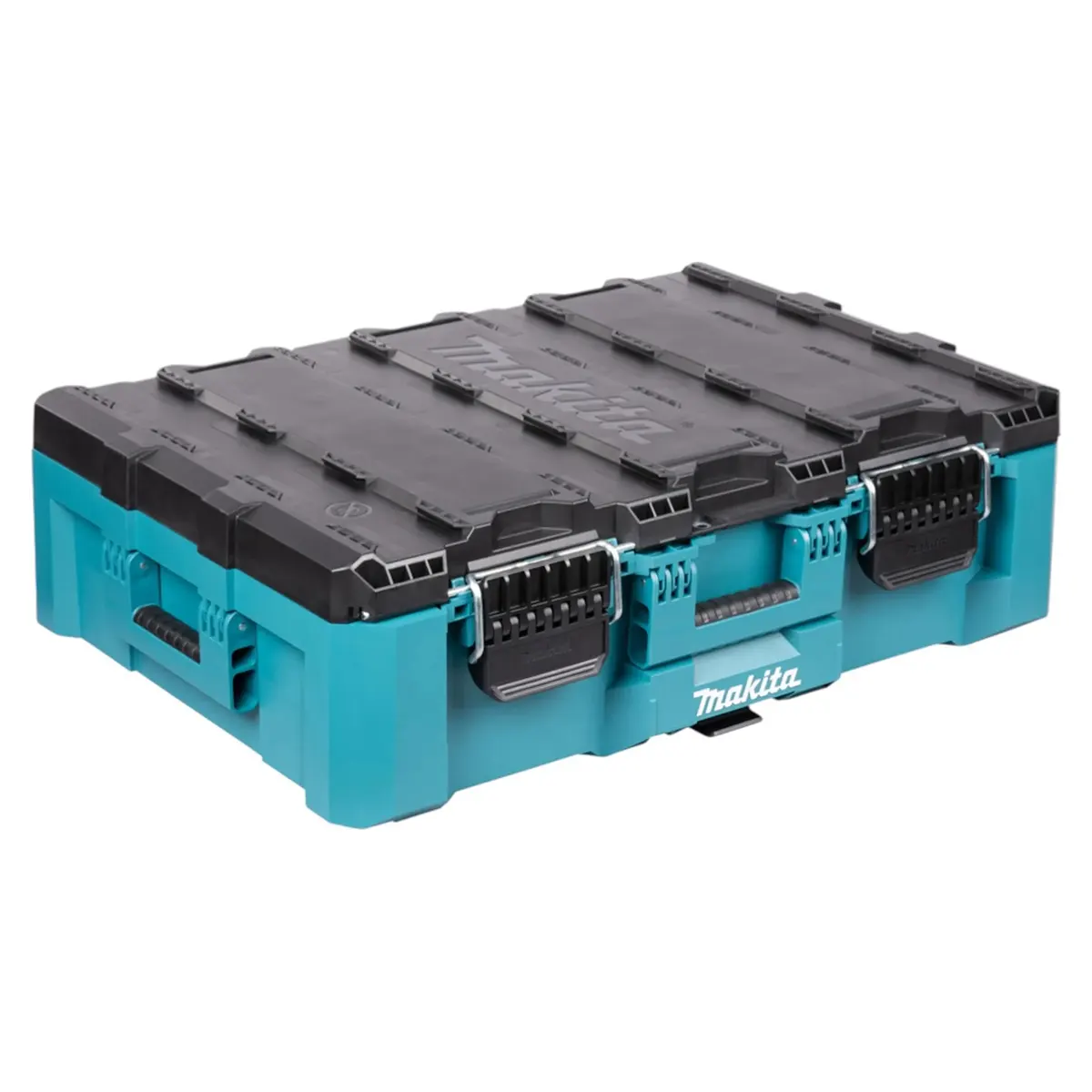 Die Makita P-91017 MAKTRAK Werkzeugbox L in blau von Makita verfügt über sichere Verschlüsse und Griffe, ideal für die Organisation von Werkzeugen.