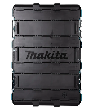 Blaue Makita P-91017 MAKTRAK Werkzeugbox L mit robustem Design, von oben gesehen, mit dem Makita-Logo in der Mitte.
