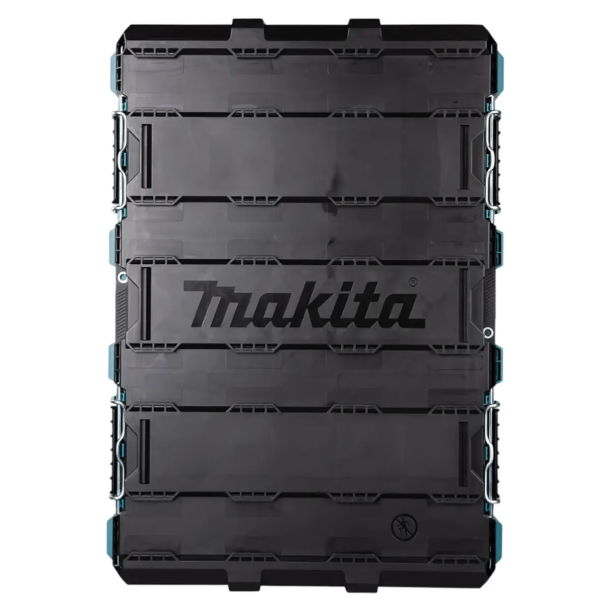 Blaue Makita P-91017 MAKTRAK Werkzeugbox L mit robustem Design, von oben gesehen, mit dem Makita-Logo in der Mitte.