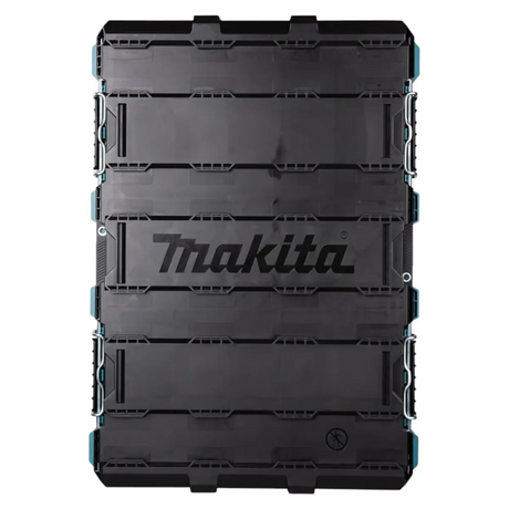 Blaue Makita P-91017 MAKTRAK Werkzeugbox L mit robustem Design, von oben gesehen, mit dem Makita-Logo in der Mitte.