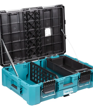 Öffnen Sie die blaue Makita P-91017 MAKTRAK Werkzeugbox L mit Fächern und Tragarmen aus Metall, ideal für die Werkzeugorganisation. Kompatibel mit MAKTRAK Systemen und passend zur Makita P-91017 Serie.