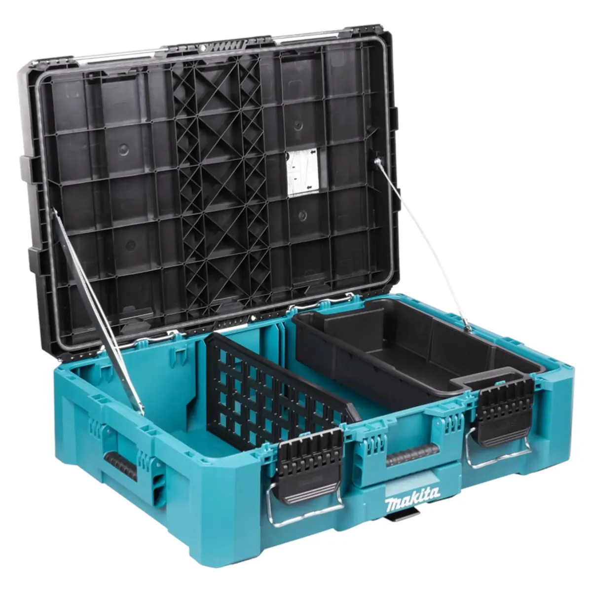 Öffnen Sie die blaue Makita P-91017 MAKTRAK Werkzeugbox L mit Fächern und Tragarmen aus Metall, ideal für die Werkzeugorganisation. Kompatibel mit MAKTRAK Systemen und passend zur Makita P-91017 Serie.