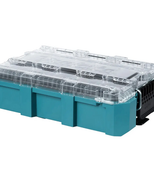 Makita P-91045 MAKTRAK Werkzeugbox M in blau von Makita, mit transparentem Deckel und schwarzem Verschluss, ideal zur Werkzeugaufbewahrung - abgebildet geschlossen auf weißem Hintergrund.