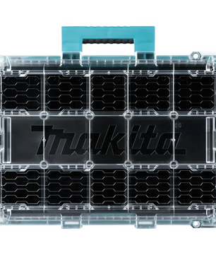 Die Makita P-91045 MAKTRAK Werkzeugbox M - blau ist ein durchsichtiger Kunststoff-Organizer mit türkisfarbenem Griff, sechseckigen Unterteilungen und modularem Design für flexible Werkzeugaufbewahrung.