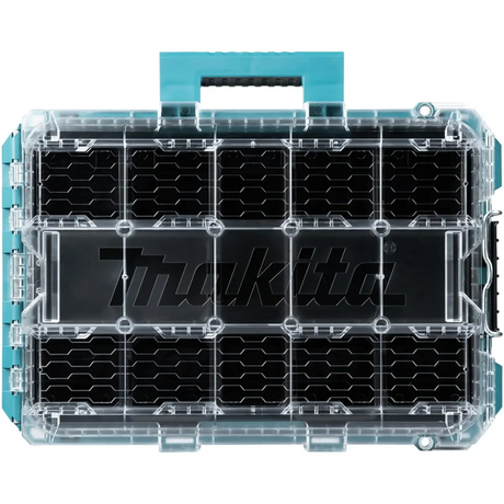 Die Makita P-91045 MAKTRAK Werkzeugbox M - blau ist ein durchsichtiger Kunststoff-Organizer mit türkisfarbenem Griff, sechseckigen Unterteilungen und modularem Design für flexible Werkzeugaufbewahrung.
