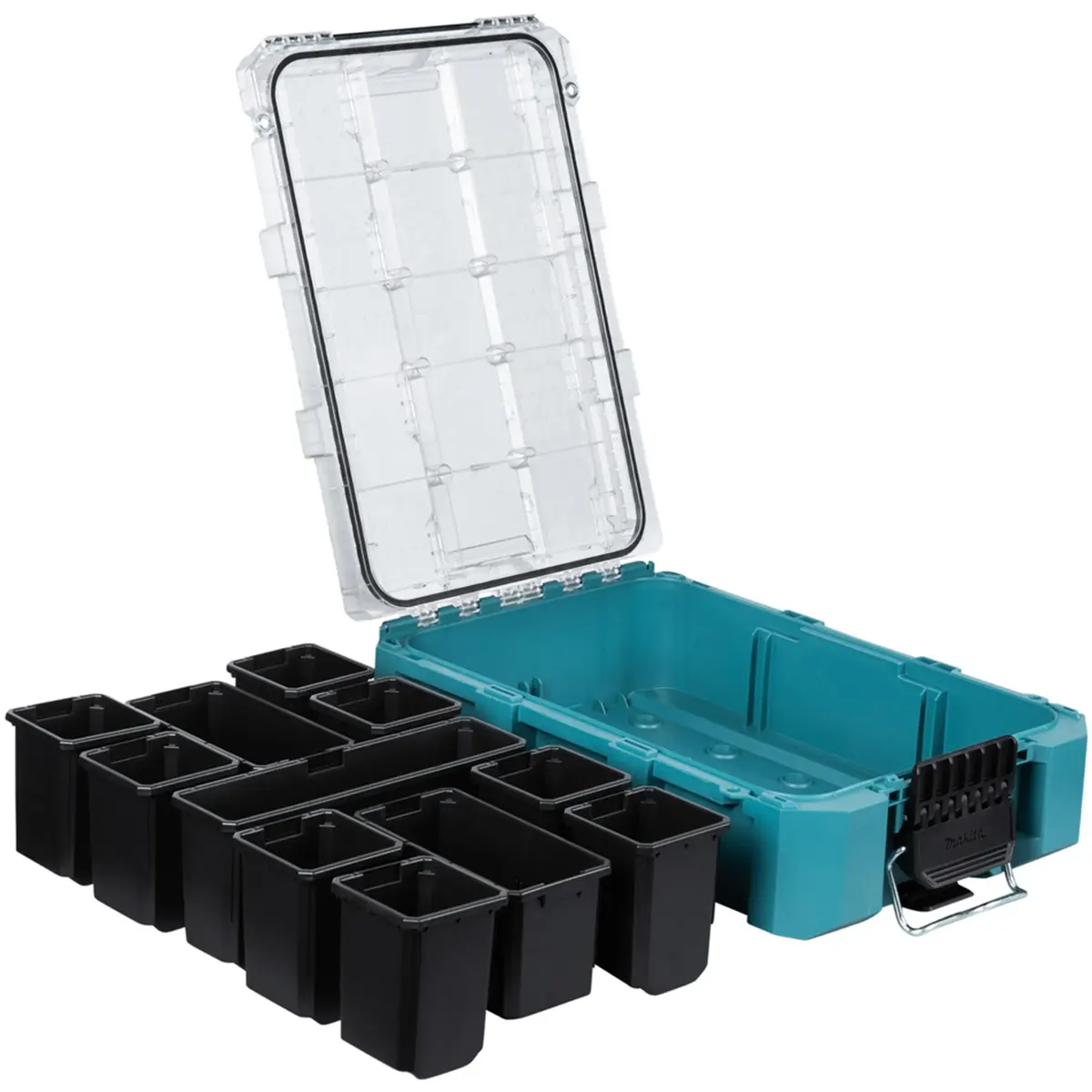 Geöffnete blaue Makita P-91045 MAKTRAK Werkzeugbox M mit durchsichtigem Deckel und mehreren herausnehmbaren schwarzen Fächern an der Seite - ideal für die modulare Werkzeugaufbewahrung.
