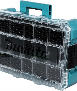 Die Makita P-91045 MAKTRAK Werkzeugbox M - blau verfügt über einen transparenten Deckel, schwarze Fächer und einen tealfarbenen Griff - ideal für die flexible Werkzeugaufbewahrung.