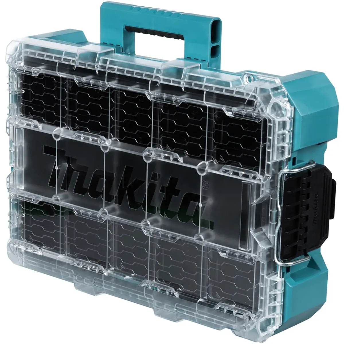 Die Makita P-91045 MAKTRAK Werkzeugbox M - blau verfügt über einen transparenten Deckel, schwarze Fächer und einen tealfarbenen Griff - ideal für die flexible Werkzeugaufbewahrung.