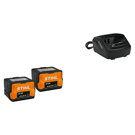 Zwei STIHL AK 20-Akkus und ein Ladegerät AL 101 aus dem STIHL Akku-Starter-Set „AK 20 und Ladegerät AL 101“ sind vor einem weißen Hintergrund abgebildet – ideal für effiziente, kabellose Gartenarbeit als Teil des praktischen STIHL AK-Systems.