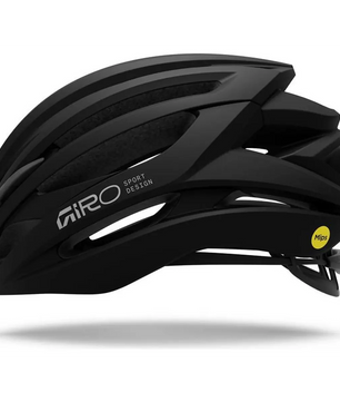 Der GIRO Syntax Mips Fahrradhelm in Größe XL – schwarz von Giro verfügt über aerodynamische Belüftungsöffnungen, das Mips Brain Protection System-Sicherheitslabel und einen seitlich sichtbaren, verstellbaren Riemen.