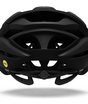 Der GIRO Syntax Mips Fahrradhelm in Größe XL – schwarz von Giro, hier von hinten gezeigt, verfügt über ein aerodynamisches Design und ist auf der linken Seite mit einem gelben Sicherheitsaufkleber des Mips Brain Protection Systems versehen.