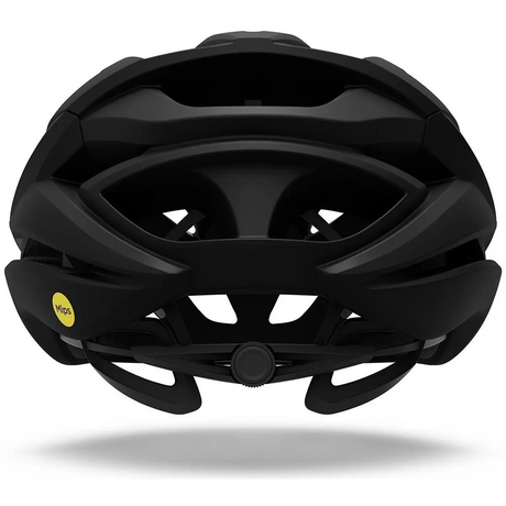Der GIRO Syntax Mips Fahrradhelm in Größe XL – schwarz von Giro, hier von hinten gezeigt, verfügt über ein aerodynamisches Design und ist auf der linken Seite mit einem gelben Sicherheitsaufkleber des Mips Brain Protection Systems versehen.