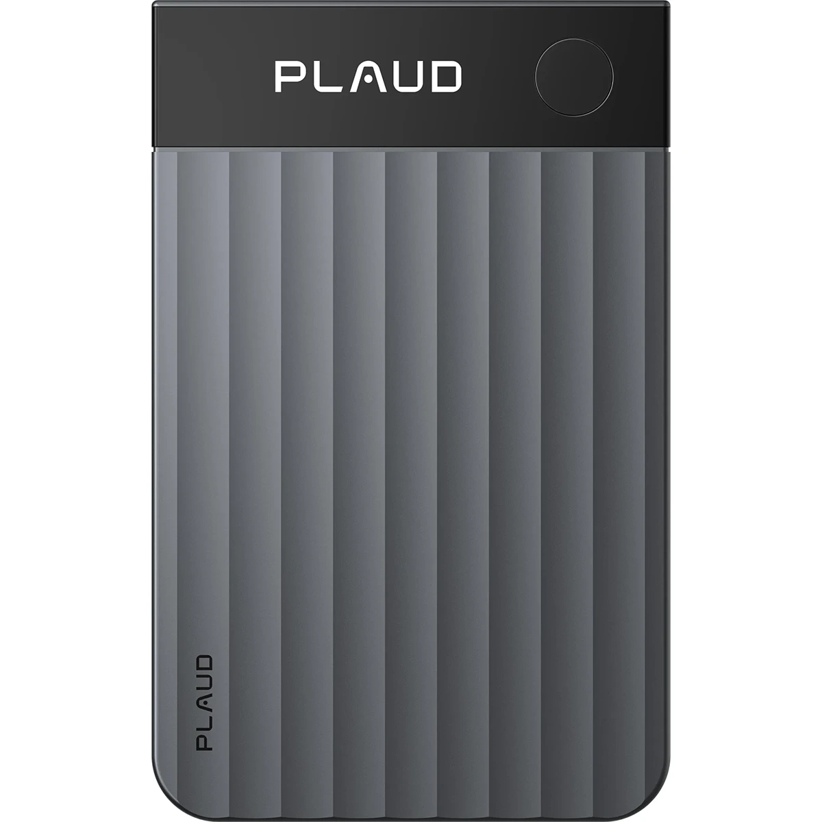 Das PLAUD Note Pro Diktiergerät in Grau von PLAUD besticht durch vertikale Rillen, eine schwarze Oberseite mit Logo und einen runden Knopf – ideal für hochwertige Sprachaufnahmen.