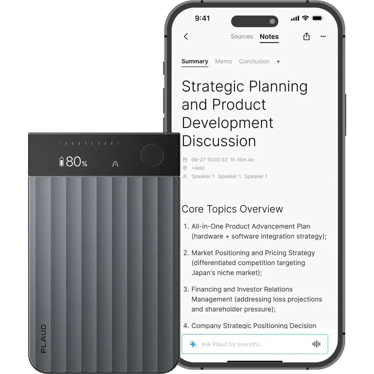 Das PLAUD Note Pro Diktiergerät – grau von PLAUD liegt neben einem Smartphone mit strategischen Besprechungsnotizen und eignet sich ideal für klare Sprachaufnahmen während wichtiger Gespräche.