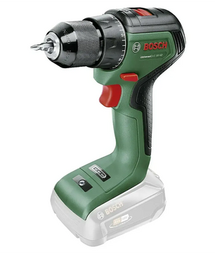 Der Bosch 18 V Akku-Bohrschrauber UniversalDrill 18V-60 Solo, hier akkufrei mit schwarzem Griff und Metallbohrer, ist in Verbindung mit dem Bosch UniversalDetect digitales Ortungsgerät perfekt für sicheres Bohren.