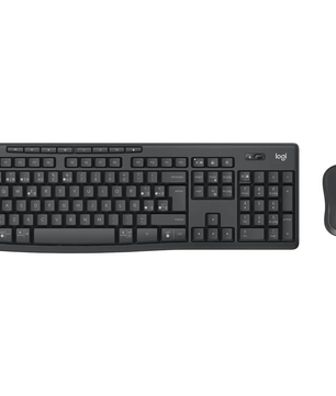 Die Logitech MK370 Combo, ein schwarzes kabelloses Tastatur- und Mausset, steht auf einem weißen Hintergrund - ideal für die Verwendung mit iPad Eingabestift oder Geräten mit Apple Pencil-Technologie.