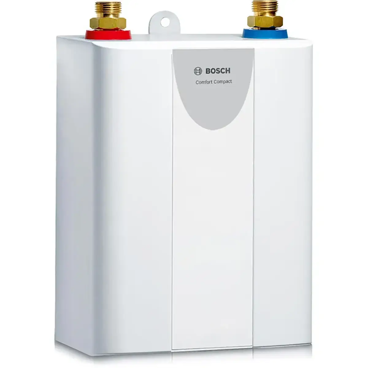 Der Bosch Home Tronic Comfort 3,6 kW Durchlauferhitzer in Weiß mit roter und blauer Aufsatzarmatur und der Aufschrift "Comfort Compact" liefert effizient warmes Wasser auf weißem Grund.