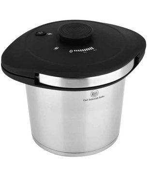 Der Carl Schmidt Sohn Galaxy 6L 076580 Schnellkochtopf aus Edelstahl verfügt über einen schwarzen Deckel, Messmarkierungen und einen zentralen Bedienknopf für präzises Kochen.