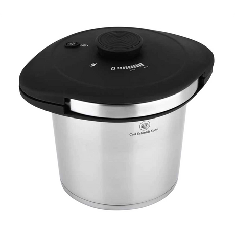 Der Carl Schmidt Sohn Galaxy 6L 076580 Schnellkochtopf aus Edelstahl verfügt über einen schwarzen Deckel, Messmarkierungen und einen zentralen Bedienknopf für präzises Kochen.