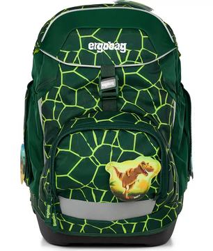 Das ergobag Pack Set (2025) BärRex von ergobag hat ein grünes Design mit gelbem Rissmuster und Dinosauriergrafik, ist aus recyceltem PET und hat ein ergonomisches Tragesystem für mehr Komfort.