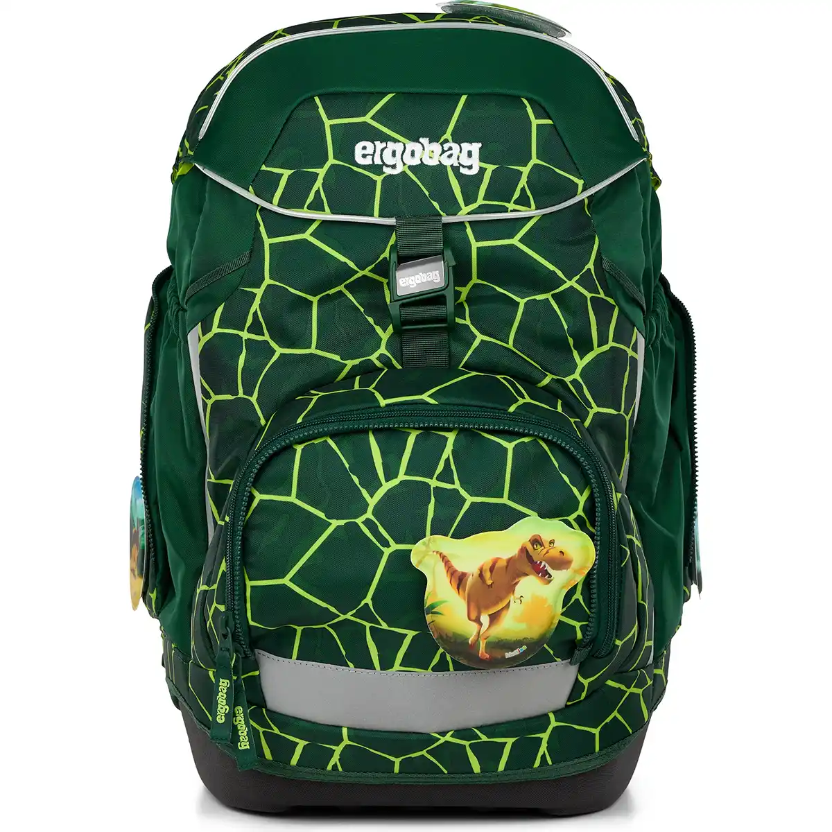 Das ergobag Pack Set (2025) BärRex von ergobag hat ein grünes Design mit gelbem Rissmuster und Dinosauriergrafik, ist aus recyceltem PET und hat ein ergonomisches Tragesystem für mehr Komfort.