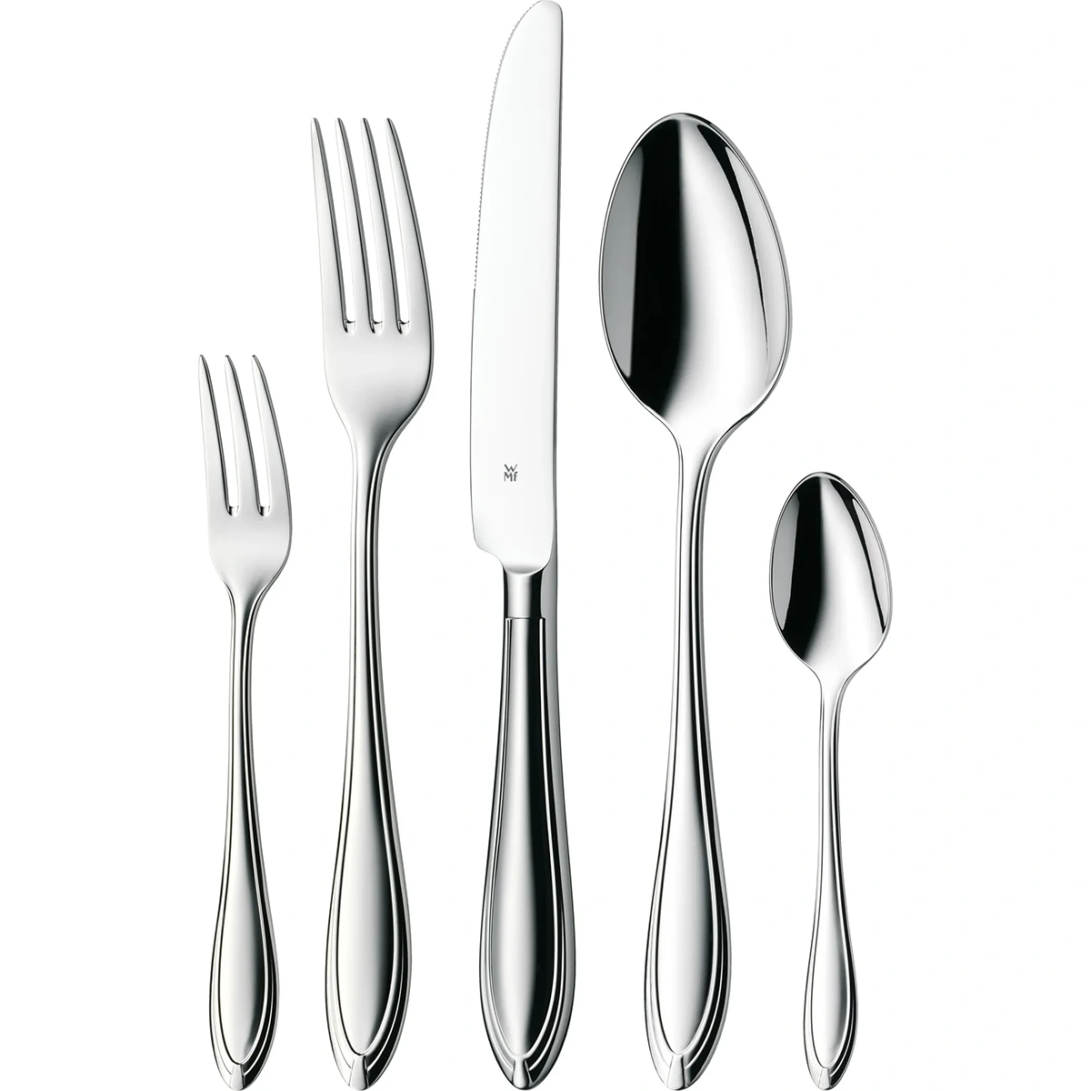 Das WMF Verona Besteck-Set, 60-teilig enthält fünf Cromargan Edelstahl Besteckteile - Salatgabel, Tafelgabel, Messer, Suppenlöffel und Teelöffel - ideal für eine 12-Personen-Tafel.